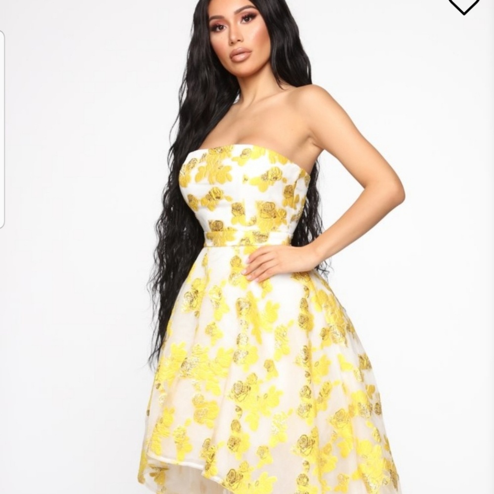 Fashion Nova Gold Flower Hi-Low Gown